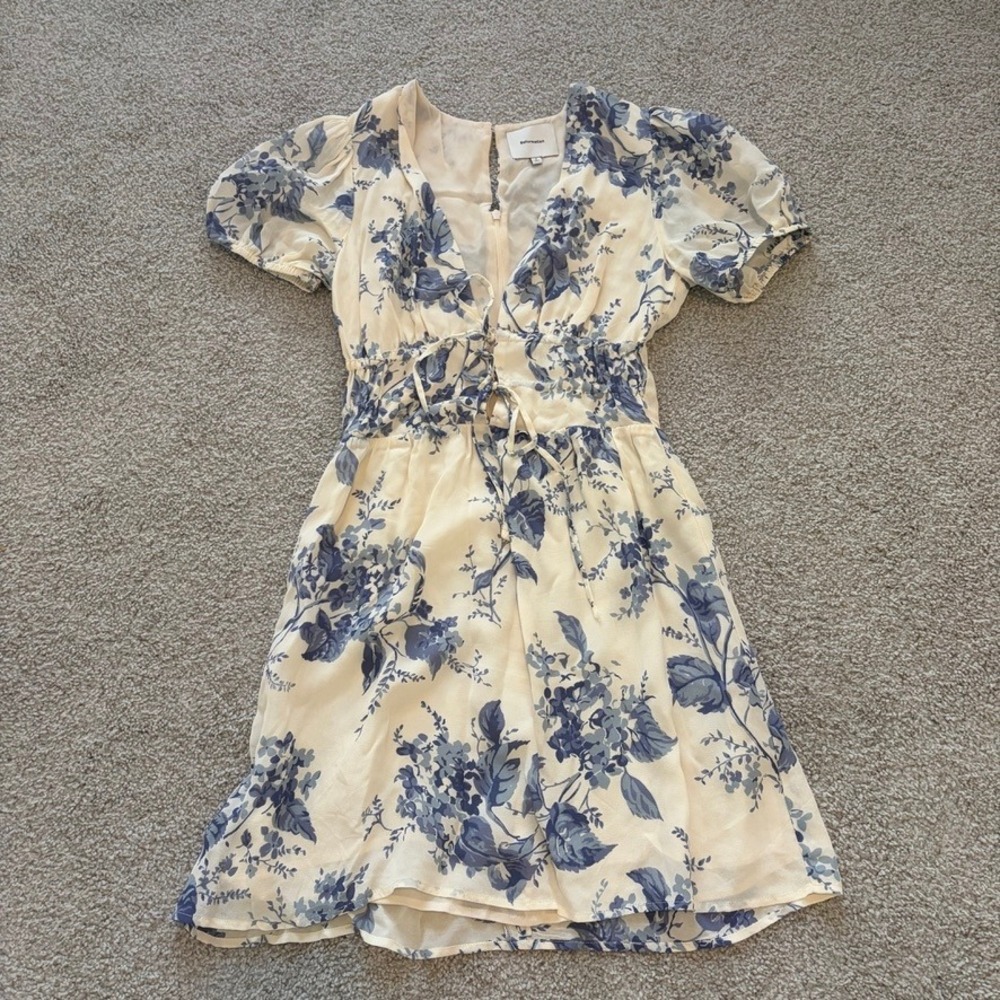 Reformation Grady Mini Dress Womens 2 Cream Blue Floral Tie Front Coquette Boho